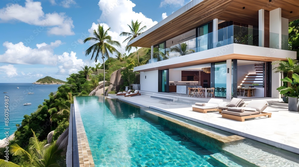 Fototapeta premium An elegant modern villa with large terraces overlooking the sea, white walls and wooden accents, featuring outdoor seating areas for relaxation, an infinity pool with clear blue water.