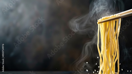 Smoky hot yellow noodles lifted with brown chopsticks on a black background