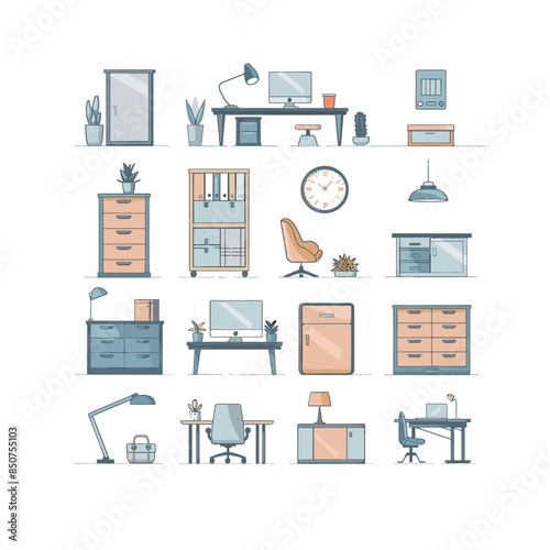 vector icons of furniture for the office, vector line art simple design icons set