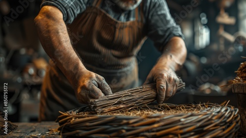 Close-up of skilled hands weaving a basket in a rustic workshop, capturing the artistry and dedication of traditional craftsmanship. photo
