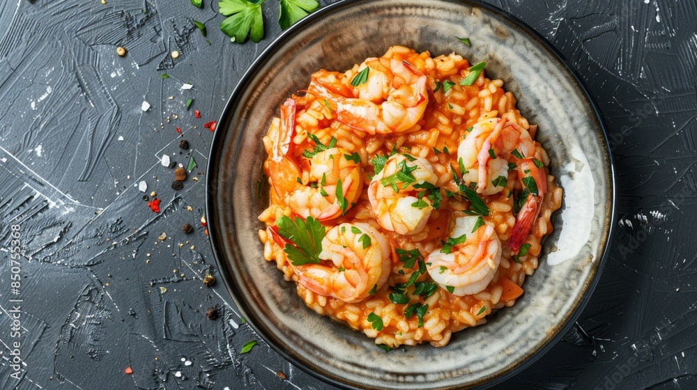 Elevated perspective of a seafood risotto adorned with succulent prawns and scallops, presented elegantly against a stark background. Elevated perspective of a seafood risotto adorned with succulent prawns and scallops, presented elegantly against a stark background.