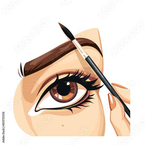 A girl is applying eye shadow in an illustrated cartoon style, holding the pen in one hand and drawing on her eyelid