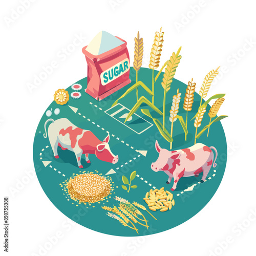 An isometric vector illustration shows grain and sugar in the center, surrounded by pig and cow icons