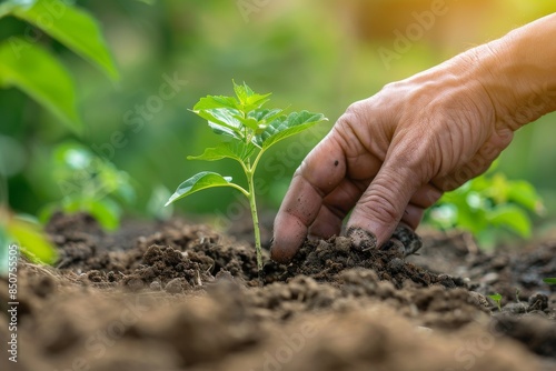 The planting of tree seedlings in a newly forested area, created with the use of stock artificial intelligence