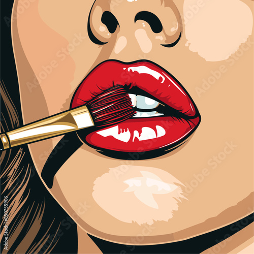 close up vector illustration of woman's lips with lipstick, brush is applying red gloss lipgloss