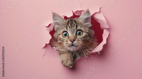 A curious cat's head peeking out from a hole in a dollar bill, front side, on a pastel color background, highlighting a unique blend of finance and feline curiosity Generative ai
