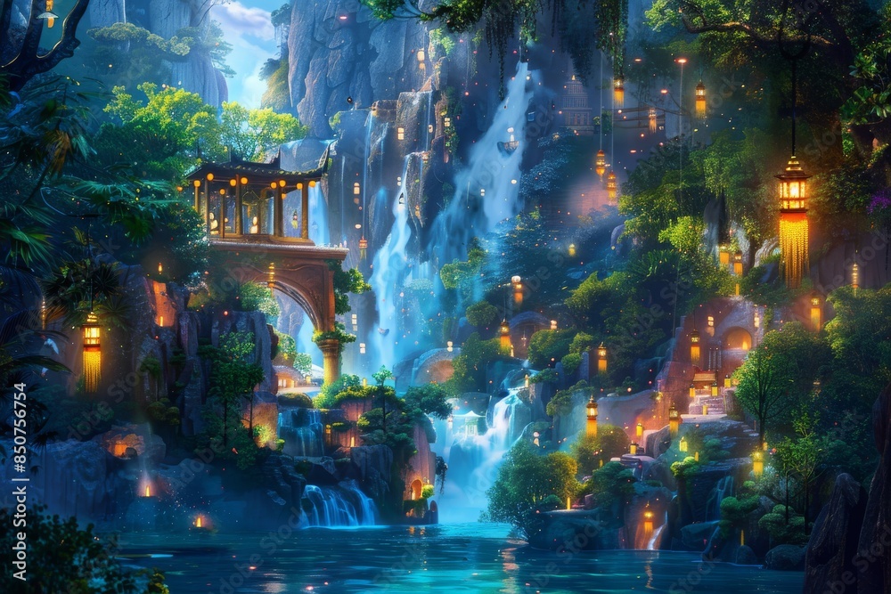 Obraz premium It is a breathtaking high-definition view featuring cascading waterfalls, lush vegetation, and exotic, fantastical creatures on a surreal floating island.