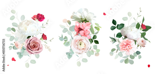 Red and pink rose, white peony, blush pink ranunculus, eucalyptus, green hydrangea, sage greenery vector design wedding spring bouquets. Floral summer watercolor. Elements are isolated and editable