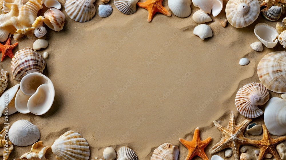 Fototapeta premium A sandy background adorned with sea shells providing ample room for a copy space image. Top views background Ai generative.
