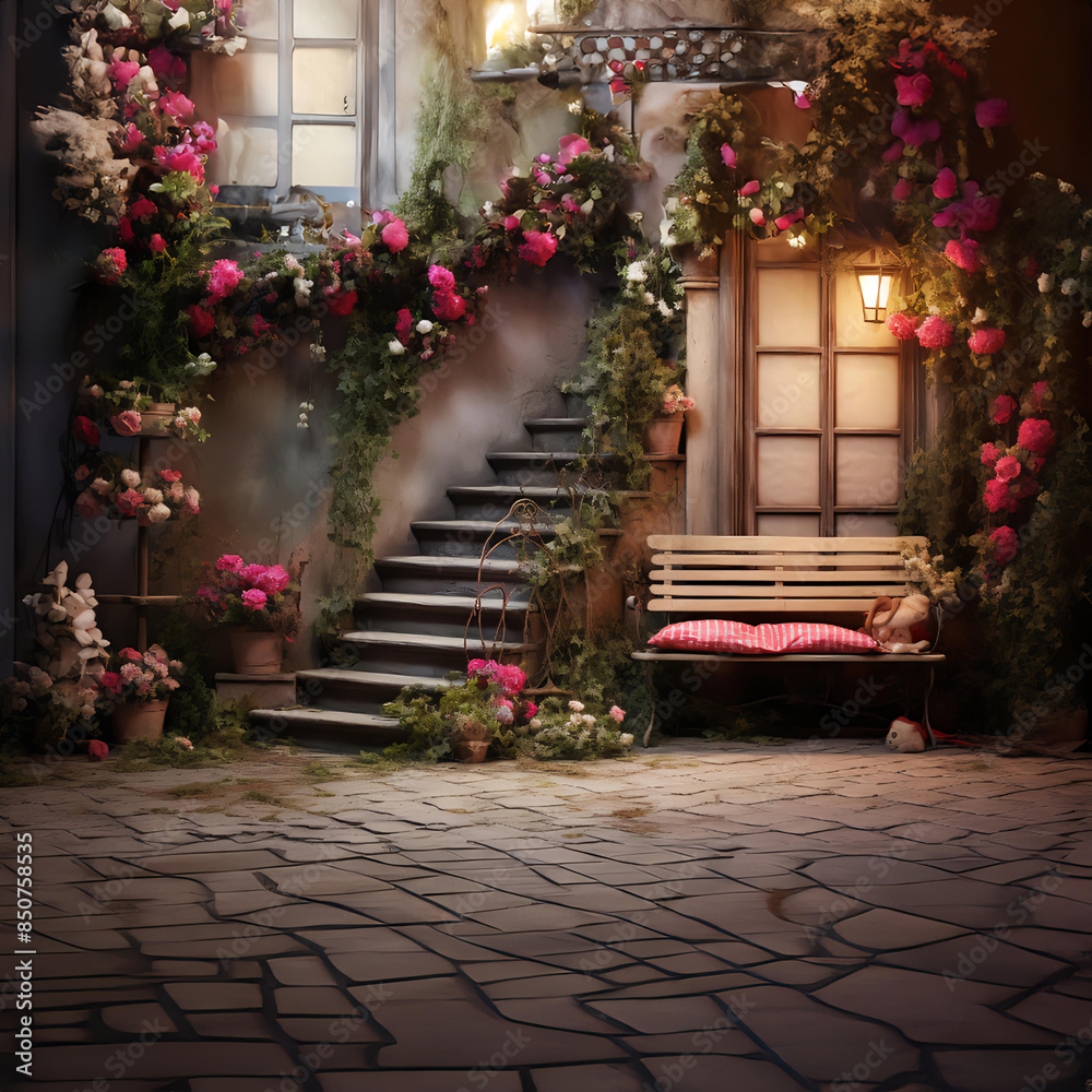 Naklejka premium Floral hoop digital backdrops shoot set up with prop Flower and wood backdrop