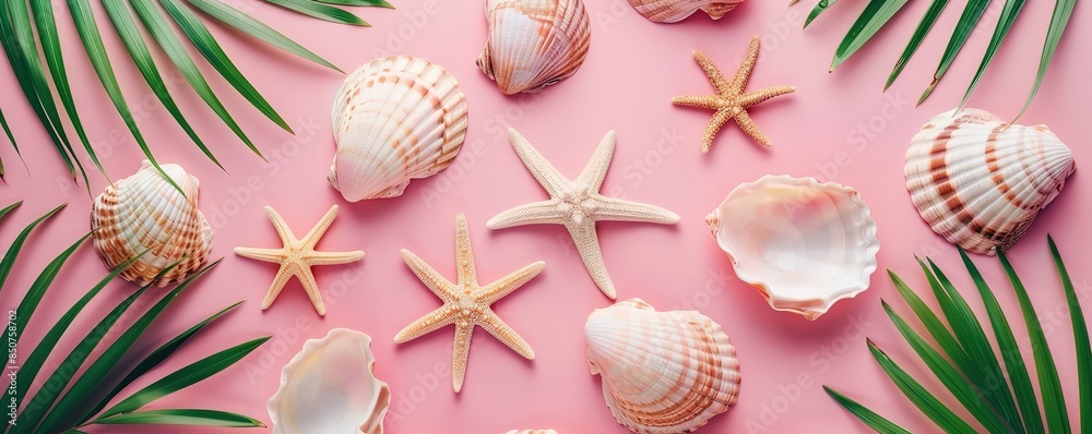 Seashells and starfish are pictured on a pink background with green leaves next to it. a summer concept Seashells and starfish are pictured on a pink background with green leaves next to it. a summer concept