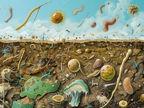 Microorganisms decompose organic matter in soil, as depicted in scientific illustration. photo