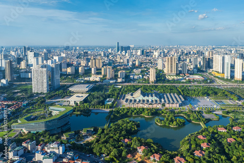 Photography Aerial view of Hanoi city in beautiful day, modern city skyline.