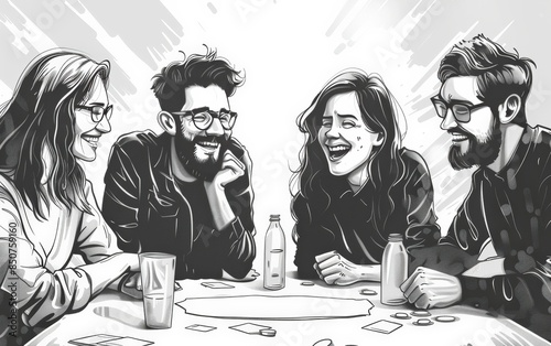 Black and white illustration of four friends sitting around a table, laughing and enjoying their time together in a casual setting.