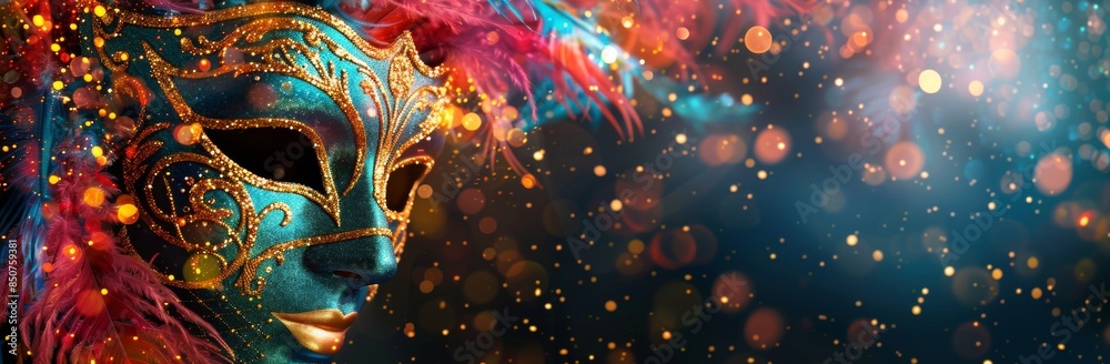 A Closeup of a Colorful Carnival Mask With Bokeh Lights A Closeup of a Colorful Carnival Mask With Bokeh Lights