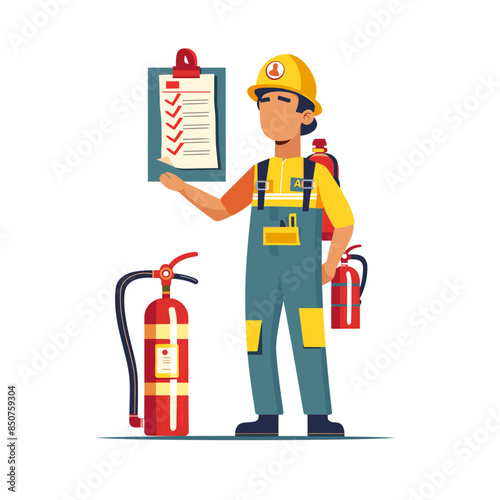 A man in overalls and a helmet stands next to a fire alarm extinguisher