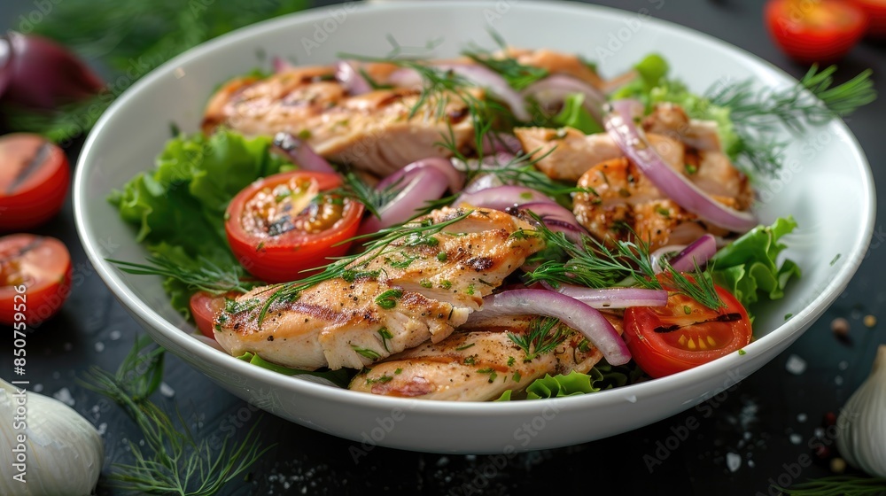 Grilled chicken salad with tomatoes and onions in a white bowl garnished with dill and tomatoes on a black background Grilled chicken salad with tomatoes and onions in a white bowl garnished with dill and tomatoes on a black background