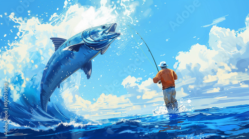 A digitally stylized artwork depicting a fish leaping high out of the ocean, with a fisherman in the background, capturing the thrill and artistry of sport fishing