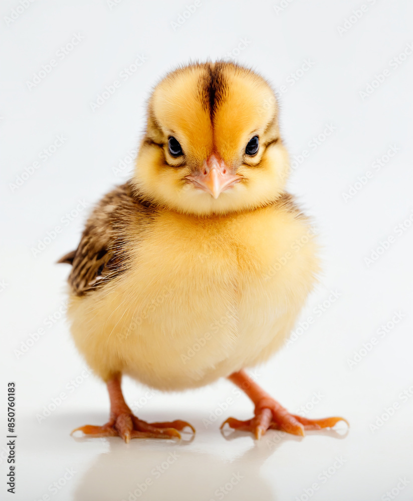 Baby chicken standing on white background looking at camera Baby chicken standing on white background looking at camera