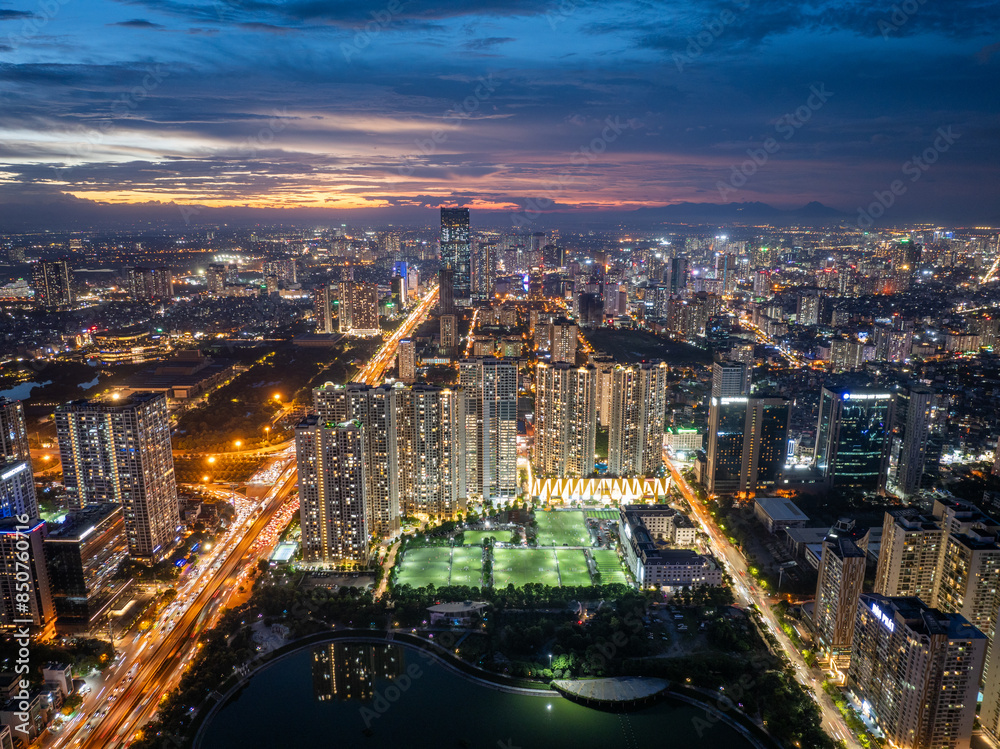 Fototapeta premium Aerial view of Hanoi city in beautiful day, modern city skyline. 