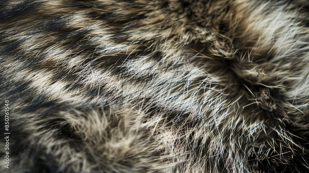 Close-up of raccoon fur, soft evening light, striped and coarse with a mix of gray and black. 