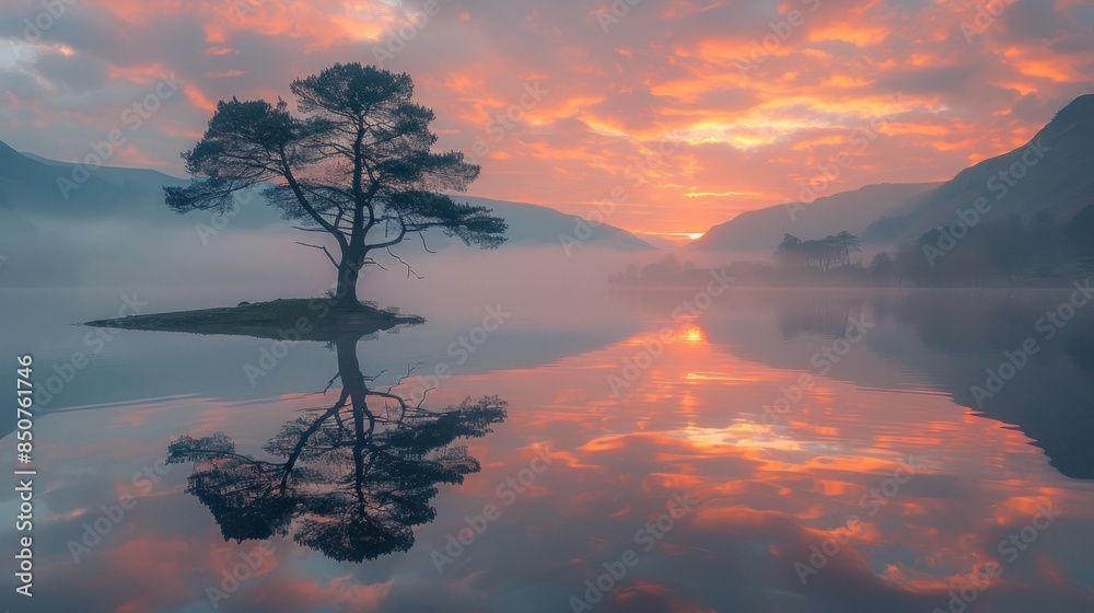 Naklejka premium Solitary Tree Reflecting in a Misty Lake at Sunset