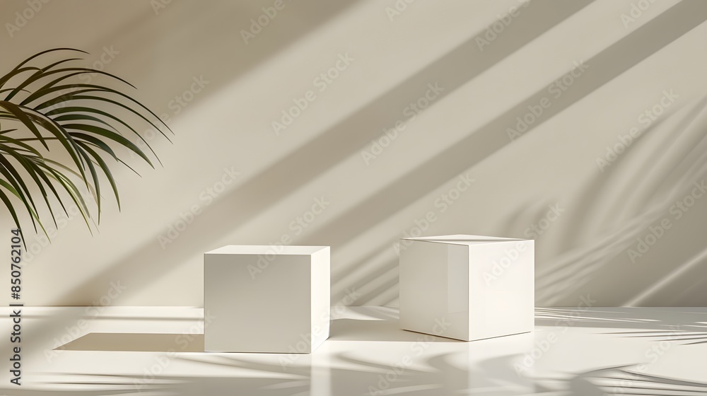 Two white cube podiums were arranged in an aesthetically pleasing composition against a soft beige background with subtle shadows and highlights. Two white cube podiums were arranged in an aesthetically pleasing composition against a soft beige background with subtle shadows and highlights.