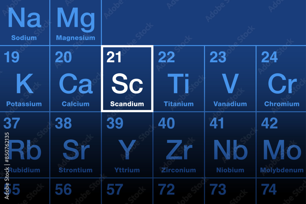Scandium element on the periodic table. Soft metal and rare earth element with atomic number 21 and symbol Sc from Latin Scandia, meaning Scandinavia. Used in aluminium alloys for military aircrafts. Scandium element on the periodic table. Soft metal and rare earth element with atomic number 21 and symbol Sc from Latin Scandia, meaning Scandinavia. Used in aluminium alloys for military aircrafts.