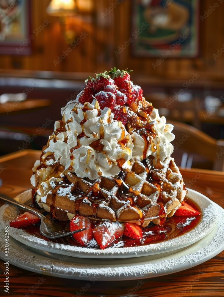 A colossal waffle topped with a tower of whipped cream, fresh strawberries, and drizzled with syrup, set on a plate dusted with powdered sugar in a cozy, warmly-lit restaurant. A colossal waffle topped with a tower of whipped cream, fresh strawberries, and drizzled with syrup, set on a plate dusted with powdered sugar in a cozy, warmly-lit restaurant.