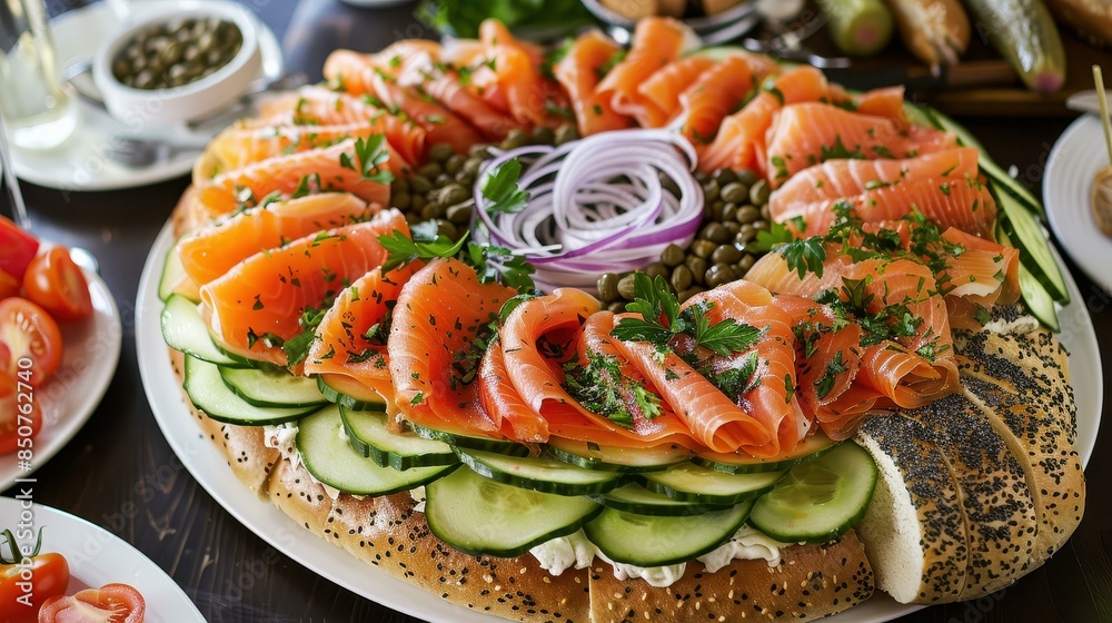 A large bagel topped with cream cheese, cucumber slices, smoked salmon, red onions, and capers, garnished with fresh parsley. Surrounded by an assortment of vegetables and other toppings. A large bagel topped with cream cheese, cucumber slices, smoked salmon, red onions, and capers, garnished with fresh parsley. Surrounded by an assortment of vegetables and other toppings.