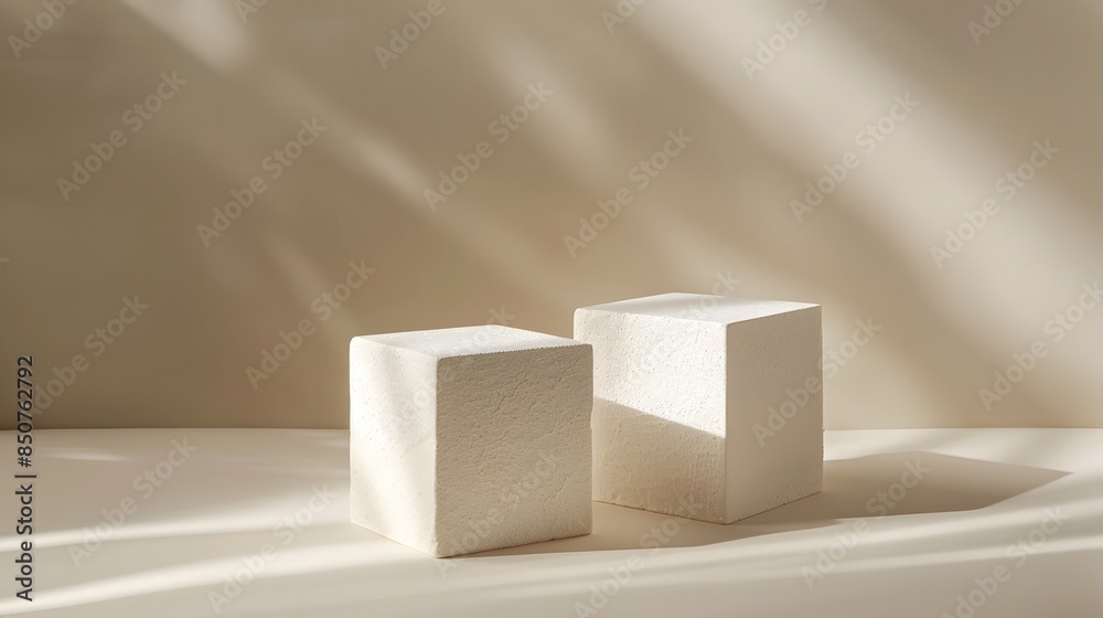 Two white cube podiums were arranged in an aesthetically pleasing composition against a soft beige background with subtle shadows and highlights. Two white cube podiums were arranged in an aesthetically pleasing composition against a soft beige background with subtle shadows and highlights.