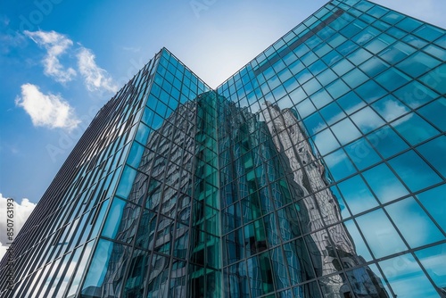 Aerial view of Moncton's skyline featuring a new, sleek glass-paneled office building, showcasing modern design and urban sophistication