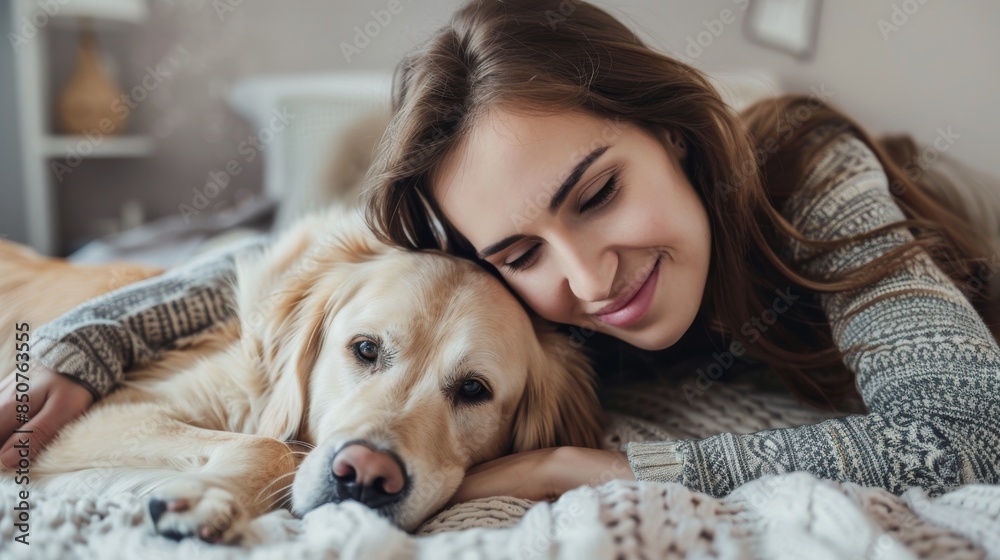 Young woman alone in apartment relaxing on bed with her dog enjoying a calm and peaceful weekend Young woman alone in apartment relaxing on bed with her dog enjoying a calm and peaceful weekend