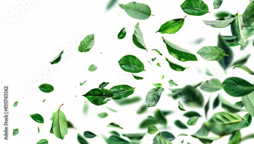 green leaves falling in the air, white background, isolated.