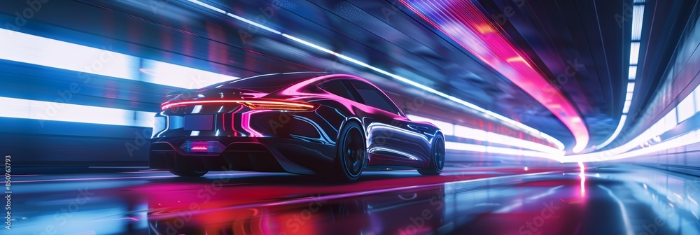 Futuristic Electric Car Driving Through Neon Tunnel