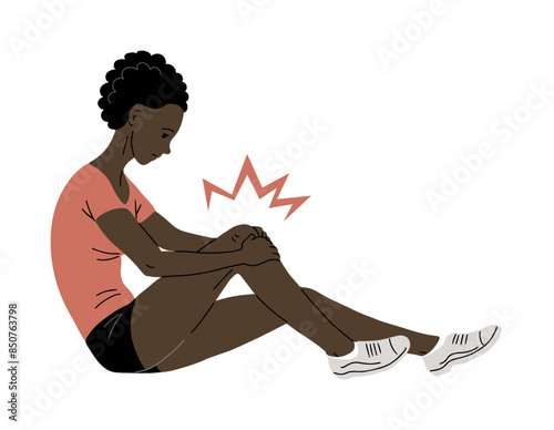 Young woman with knee pain. Knee injury in sports. Fall and abrasion. Flat vector illustration isolated on white background