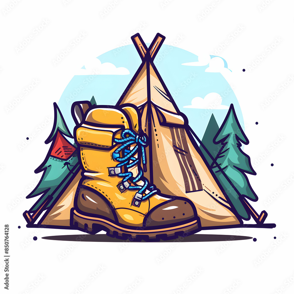 A sleek hiking boots and tent symbol with generous copy space suitable for creating eye catching website banners and headers to showcase backpacking themes and outdoor adventures. A sleek hiking boots and tent symbol with generous copy space suitable for creating eye catching website banners and headers to showcase backpacking themes and outdoor adventures.