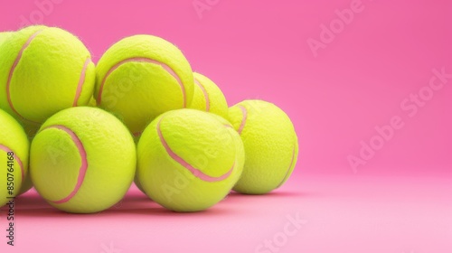A vibrant collection of bright yellow tennis balls artistically arranged on a striking pink background, highlighting their texture and form © Gasi