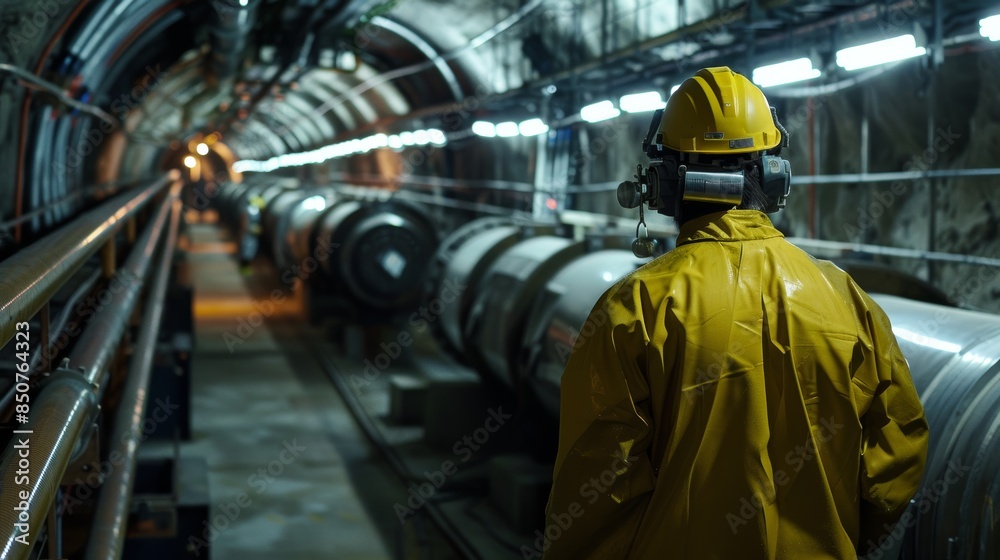 A lone worker in a yellow suit stands in a dark industrial tunnel, illuminated by fluorescent lights, with large metal pipes and machinery in the background. A lone worker in a yellow suit stands in a dark industrial tunnel, illuminated by fluorescent lights, with large metal pipes and machinery in the background.