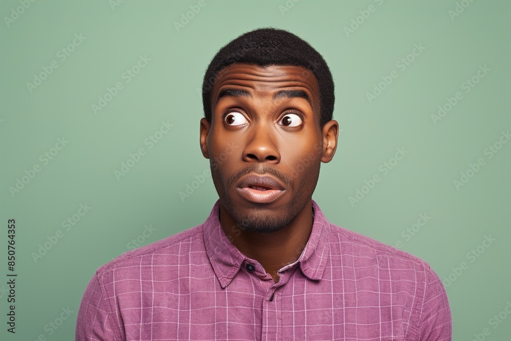 Obraz premium A man with a surprised expression on his face is wearing a purple shirt