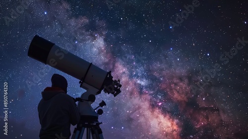 A lone astronomer gazes up at the Milky Way, their telescope pointed towards the cosmos,  a testament to humanity's insatiable curiosity about the universe.