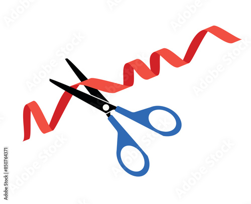 Scissors cutting red ribbon on a white background. Ceremony ribbon cut icon. Flat design style. Vector illustration.