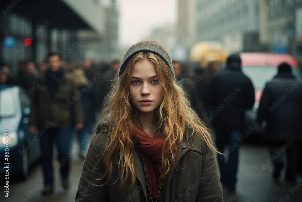 A woman with long hair and a hat stands in a crowded street A woman with long hair and a hat stands in a crowded street
