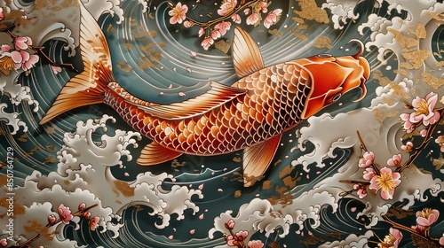 Traditional Japanese tattoo of a koi fish in swirling currents against cherry blossoms, isolated background