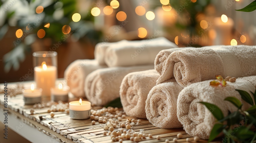 A spa setting with rolled towels and aromatic candles, creating a calming atmosphere. A spa setting with rolled towels and aromatic candles, creating a calming atmosphere.