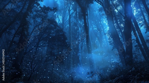 Uncanny forest shrouded in azure mist, contorted trees and phosphorescent flora, fusion of wonder and fear.