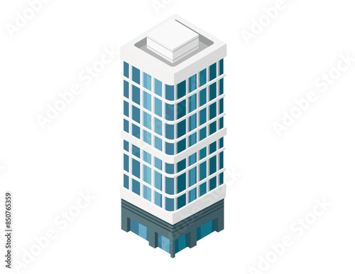 vector isometric hotel, apartment, school, or skyscraper building, isolation on white