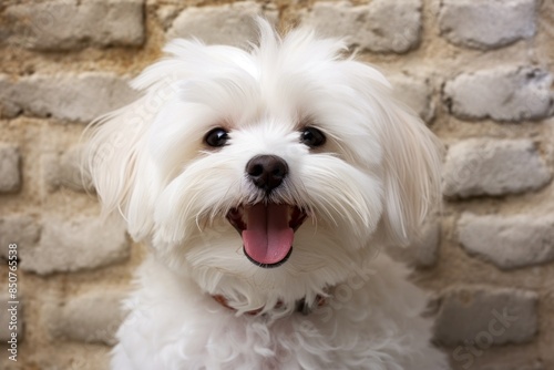 Portrait of a smiling maltese in vintage brick wall