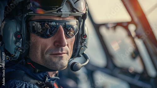 Pilot Wearing Headset and Sunglasses in Cockpit photo
