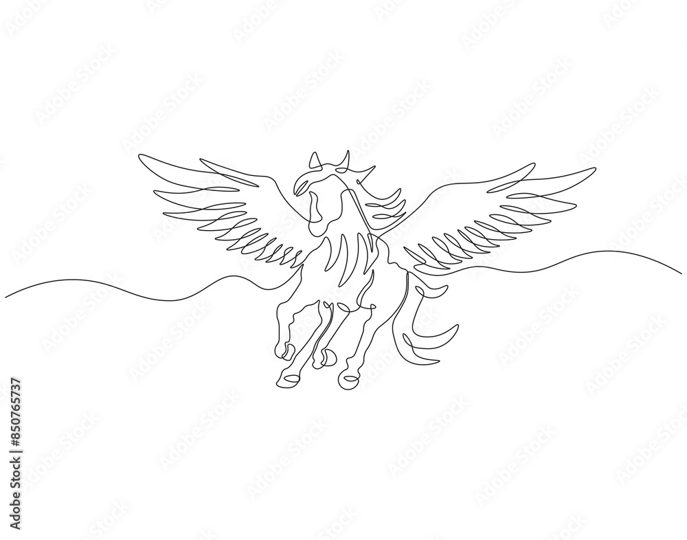 Fototapeta premium Continuous one line drawing of pegasus. One line drawing illustration of mythological winged horse. Mythological animal concept continuous line art. Editable outline.